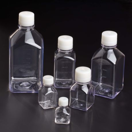 Square, sterile PETG bottles