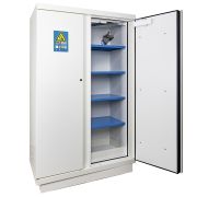 Safety cabinet for storing and charging lithium batteries, white, 90 minutes, 2 doors, with shelf and fire extinguisher, 1950 x 1137 x 620 mm