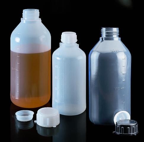 Liquid bottle with narrow neck, screw cap, inner plug