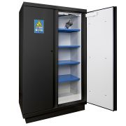 Safety cabinet for storing and charging lithium batteries, black, 90 minutes, 2 doors, with shelf and fire extinguisher, 1950 x 1137 x 620 mm